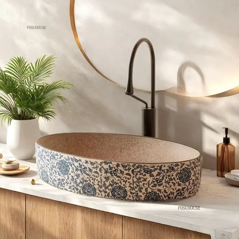 

Chinese Style Ceramic Bathroom Sinks Oval Balcony Wash Basin Single Basin Bathroom Countertop Washbasin Homestay Hotel Basin B
