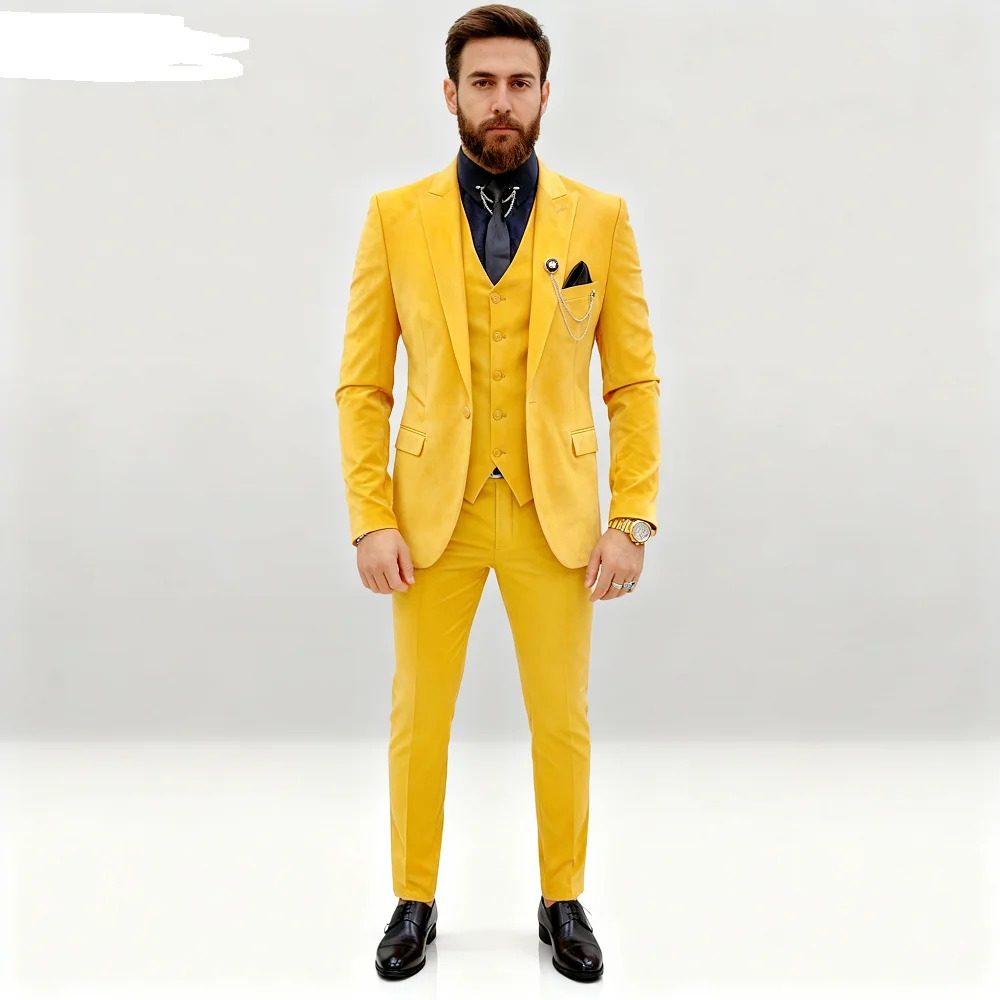 

Elegant Wedding 3 Piece Luxury Men's Suit Set - Single Breasted Peak Lapel Jacket Pants Vest Business Male Clothing