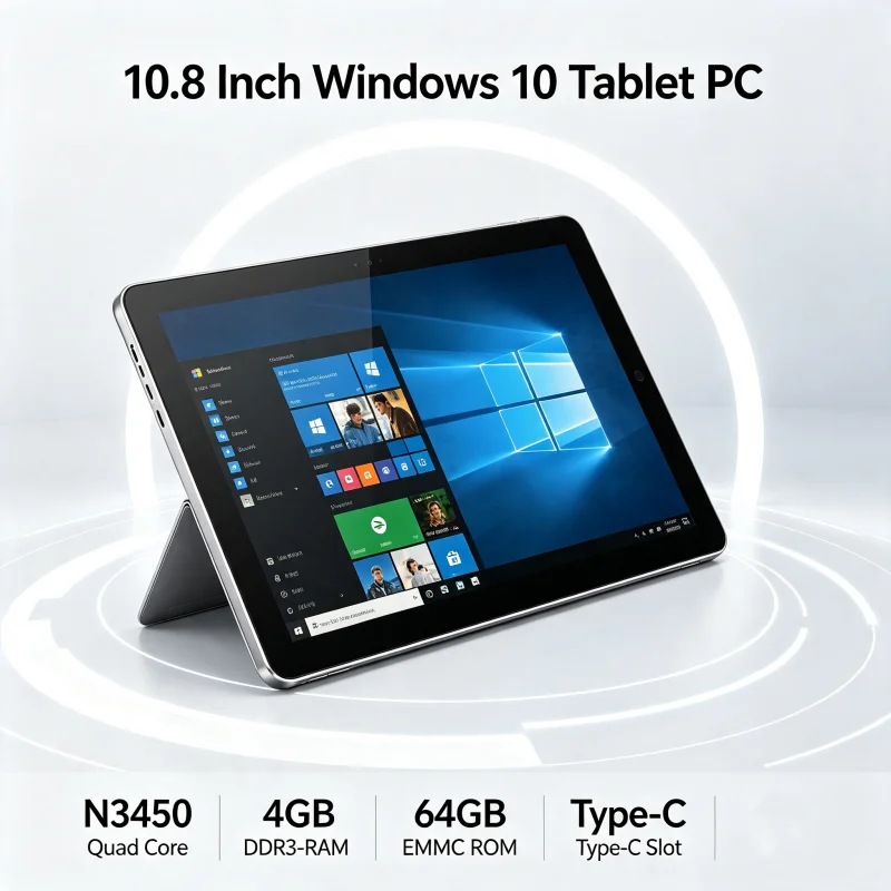 10.8인치 Windows 10 태블릿 PC, 모델명 CWI540, N4020 CPU, 4GB RAM, 64GB ROM, 1.10GHz 쿼드 코어, 1920x1200 해상도의 IPS 화면.
