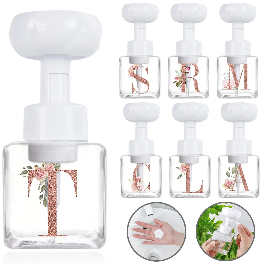 

Four Party Foam Bottle Portable Countertop Soap Organzier Flower Shape Refillable Pump Soap Dispenser Rose Gold Letter Pattern