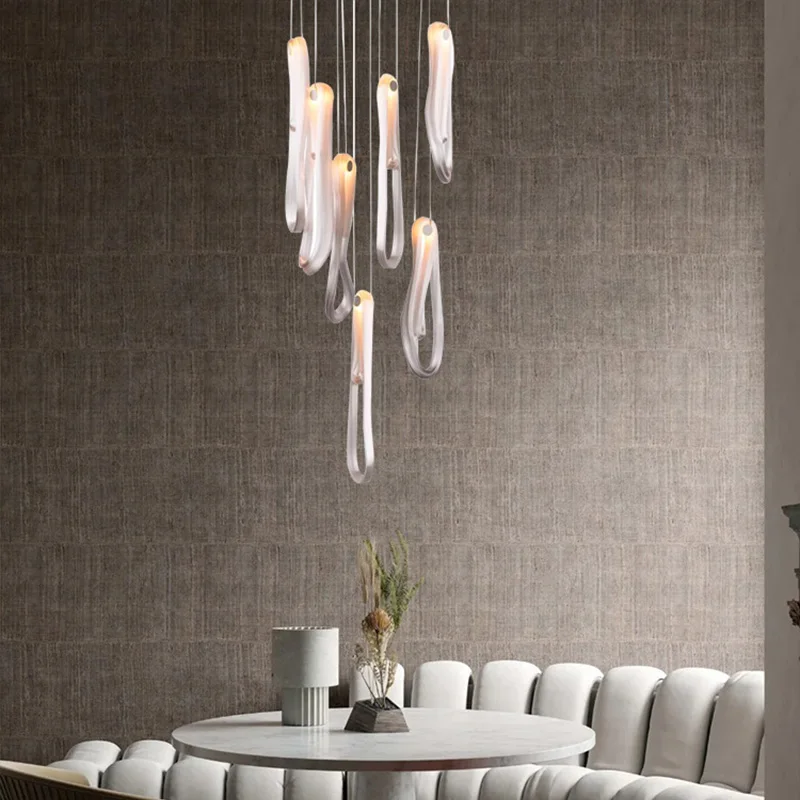 

Modern living room ceiling glass chandelier, suitable for stairwell home interior lighting, metal lustre, height adjustable