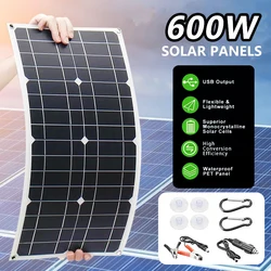 Banco de energia flexível do painel solar 600W Kit de célula solar 12V, controlador 18V Placa solar para acampar Carregador de bateria rápido para carro RV