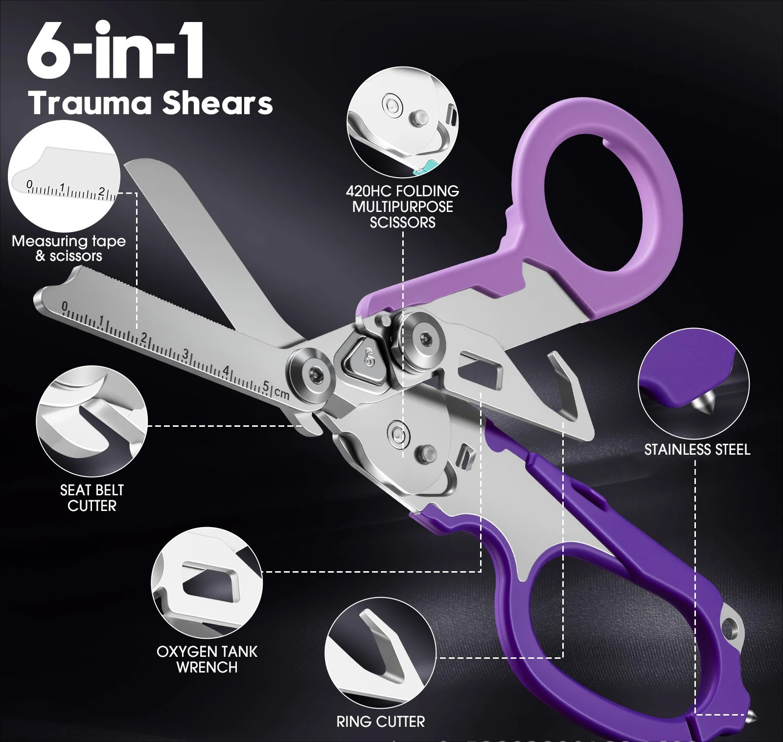 Multifunctional Folding Trauma Scissors Emergency Rescue Scissors with Cutter Glass Breaker Outdoor Camping Survival Tools