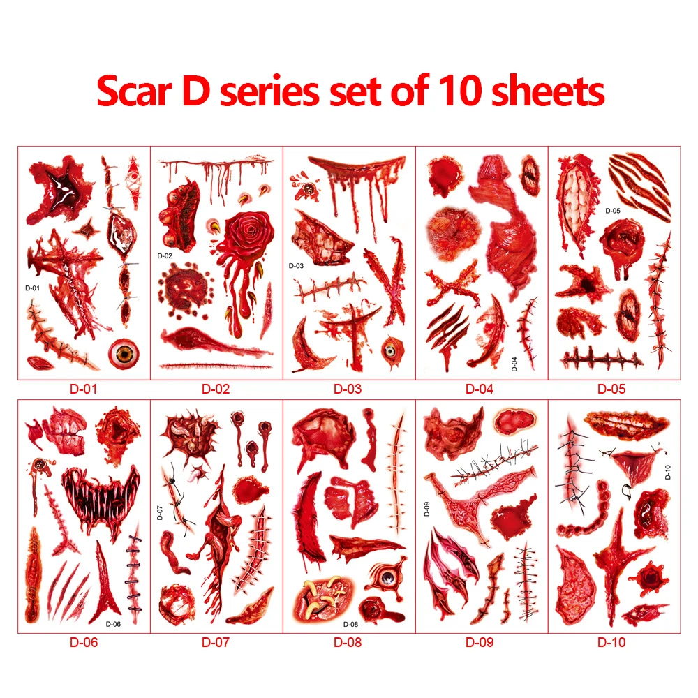 Zestaw 10 wodoodpornych naklejek tatuaży na Halloween, blizny, rany horroru, dla mężczyzn na imprezę, makijaż imprezowy, naklejki na twarz dla kobiet, festiwal, cosplay
