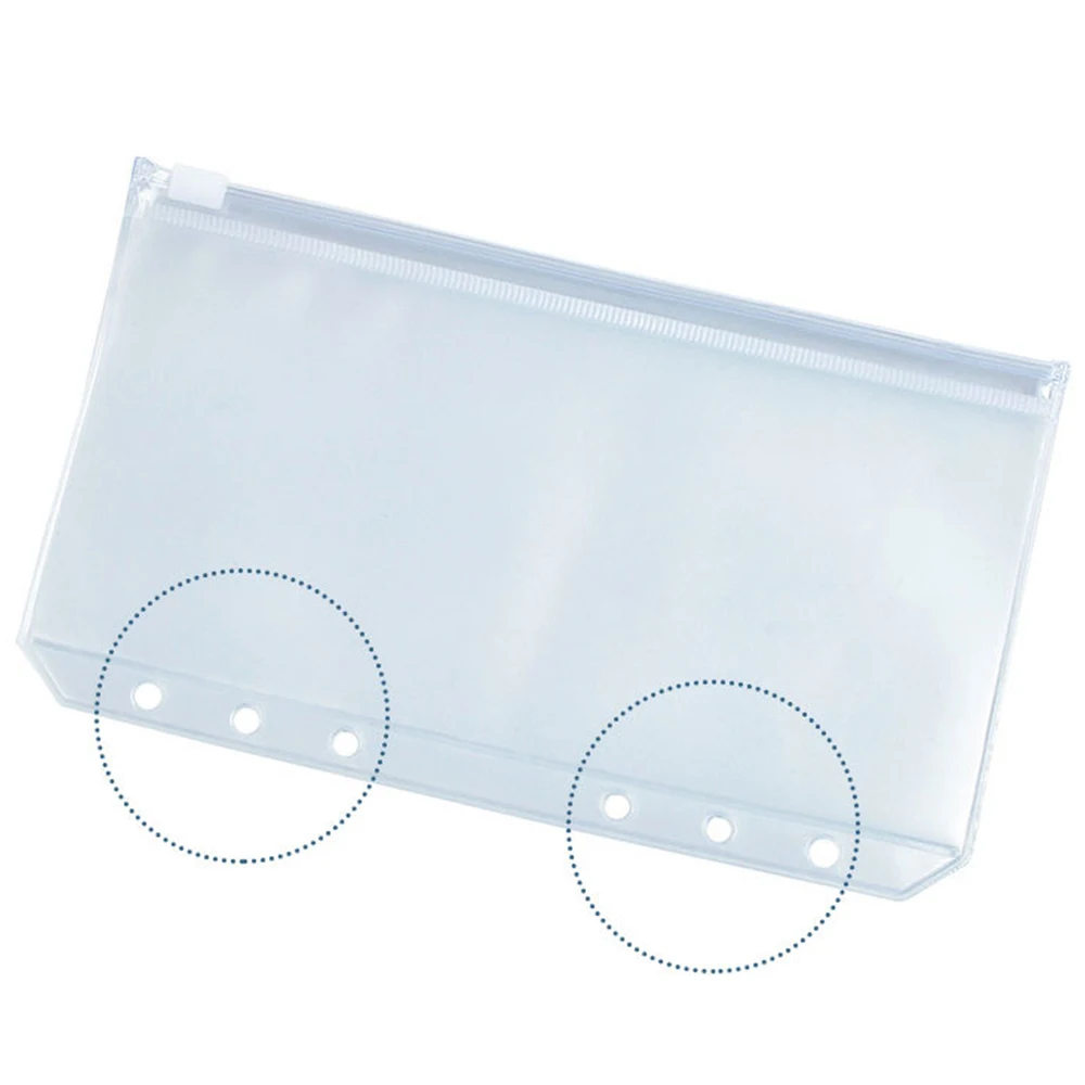Limpar PVC Zipper Pastas com Buraco, convenientes Binder Bolsos, 6-Ring Notebook Binder, Arquivos Relatórios, A5, A6, A7