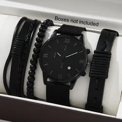 New Men's Watch Luxury Bracelet Multi Piece Set Fashion Business Black Leather Quartz Watch Men's Gift Set Reno Masculino