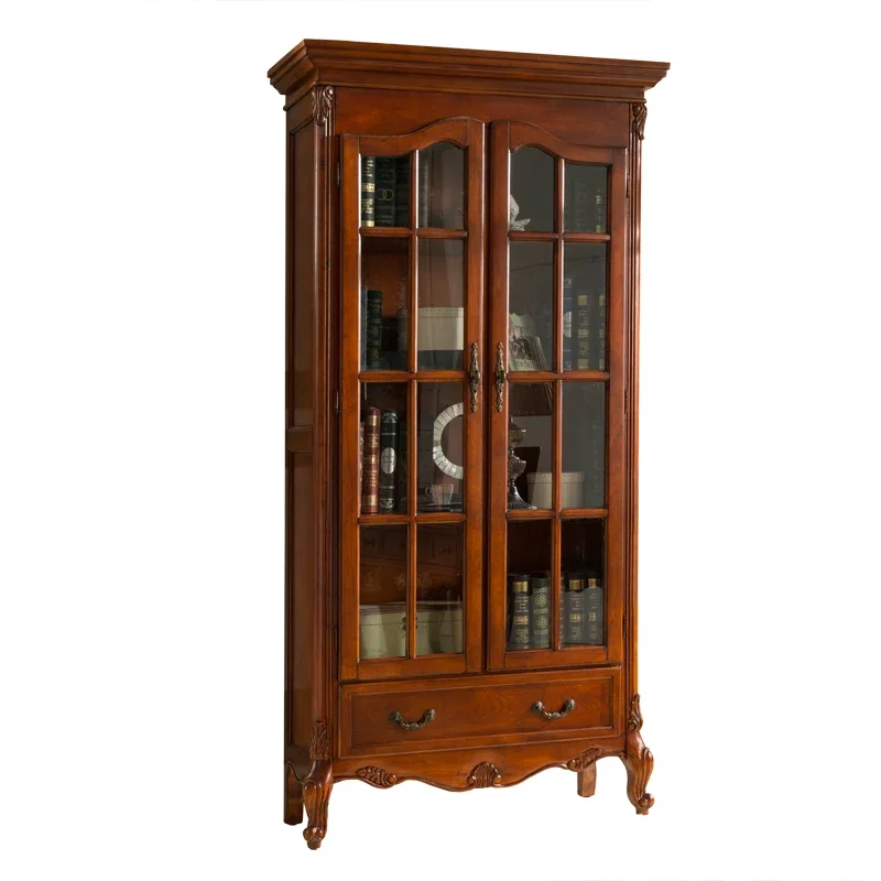 

American all solid wood bookcase with door household floor European study furniture wall bookshelf