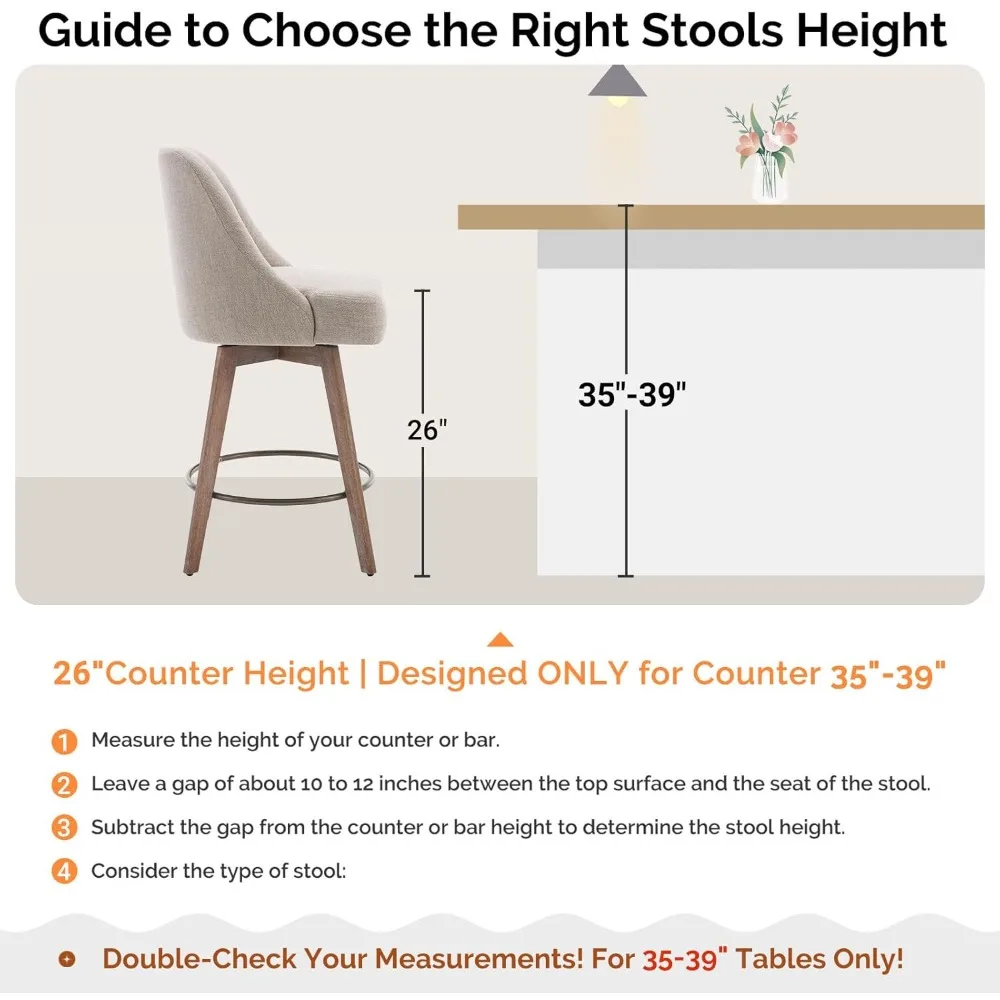 Counter Height Bar Stools Set,Modern Mid-Century Swivel Barstools with Backs and Wood Legs,Linen Fabric Upholstered Chairs