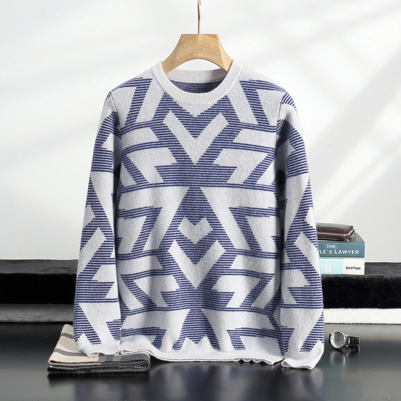 

Men's Autumn Winter New 100% Cashmere O-Neck Sweater Fashion Knitted Jacquard Pullover Top Color blocked Thickened Men's Wear