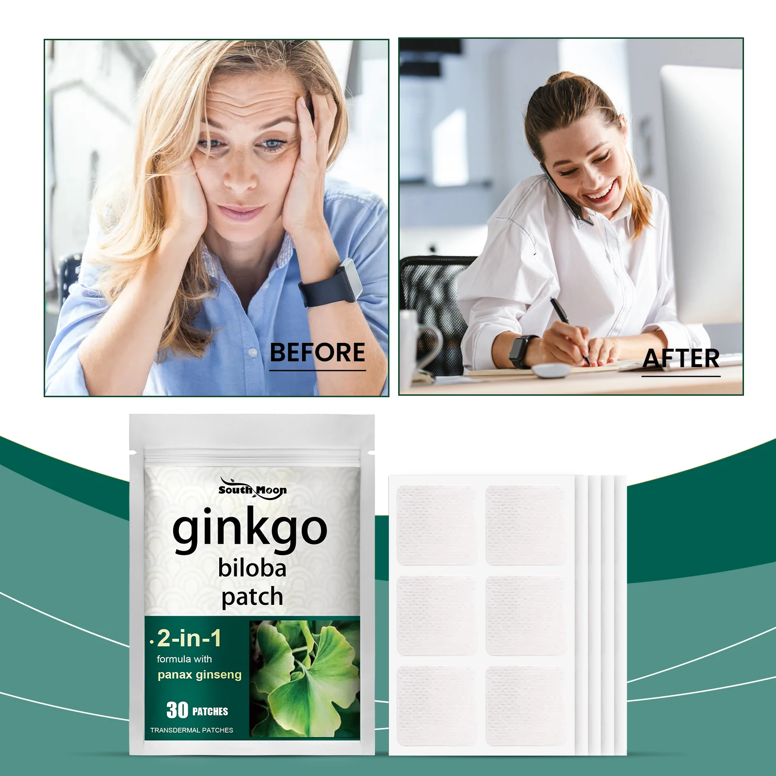 30pcs Nursing Patches Ginkgo Biloba Leaf Extract Square Patches With Panax Ginseng Care Tool To Help Support Memory Focus Herbal