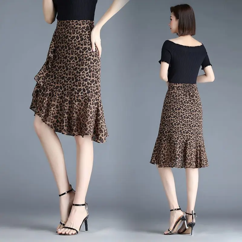 Fashion Printed Irregular Ruffles Leopard Chiffon Skirts Women Clothing 2024 Autumn New Loose Elastic High Waist Mermaid Skirts