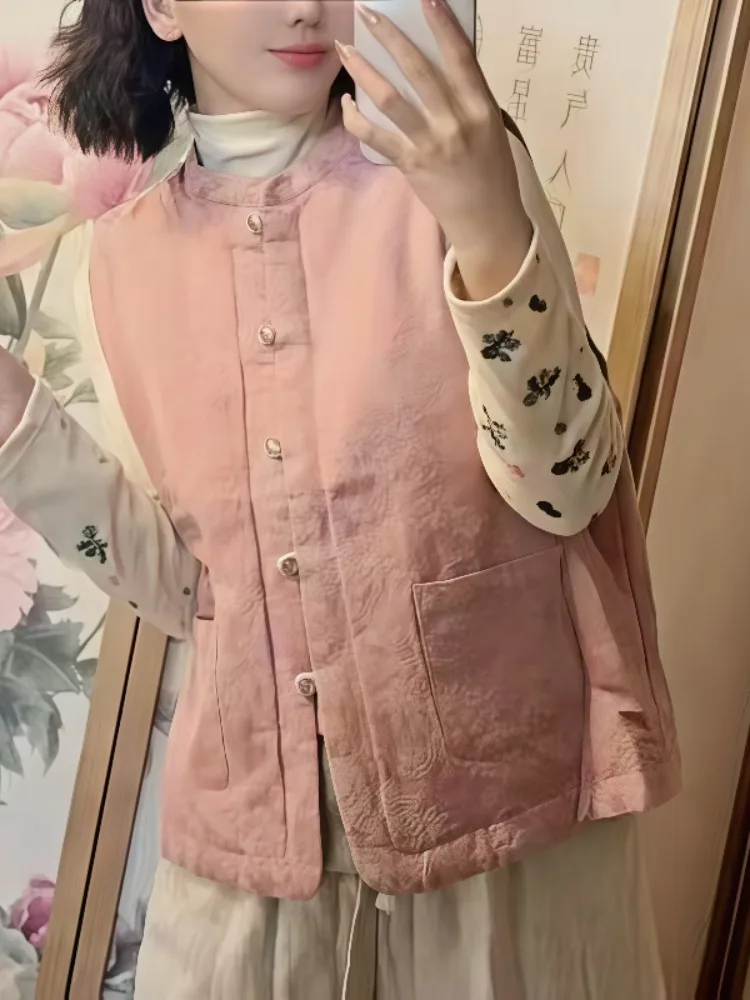 Gilet chinois en coton et lin pour femmes, vêtements d'extérieur d'hiver, débardeur superposé, coussin d'épaule en coton fin, irt pour les déplacements