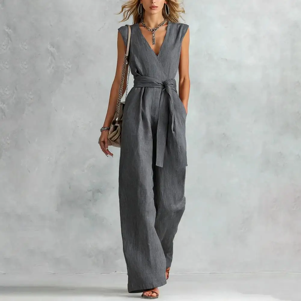 

Women's Sleeveless Jumpsuit Casual Tie Waist Wide Leg Long Pants Rompers Summer V Neck One Piece Overalls Summer Causal Solid 20