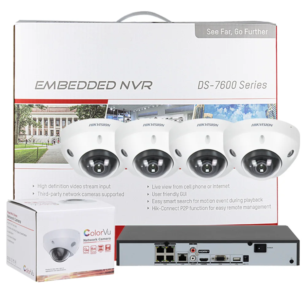 Hikvision 4 MP ColorVu Mini Dome Vandal Proof  IP Security Surveillance Camera Perimeter Protection SMD CCTV System 4CH NVR APP