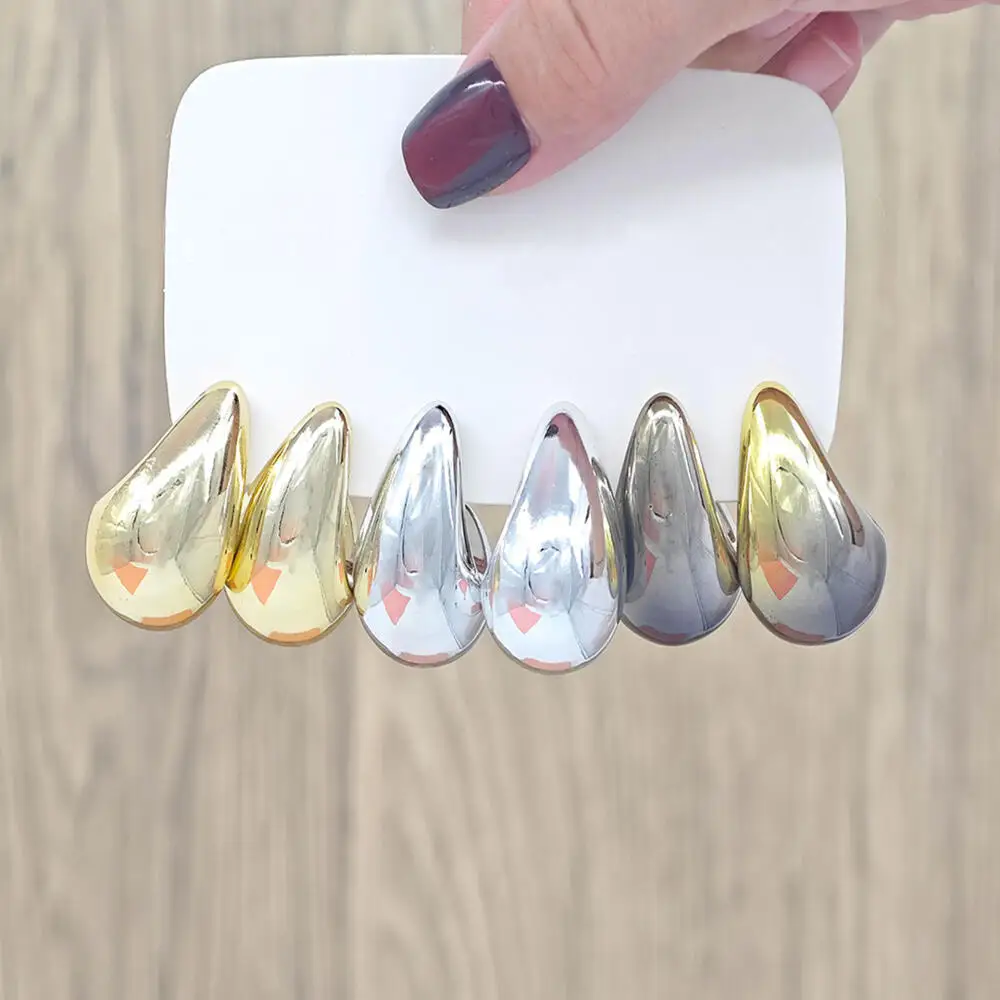 3Pairs Gradient Teardrop Hoop Earrings Set, Chunky C Shaped Drop Earrings, Glossy Fashion Jewelry for Women