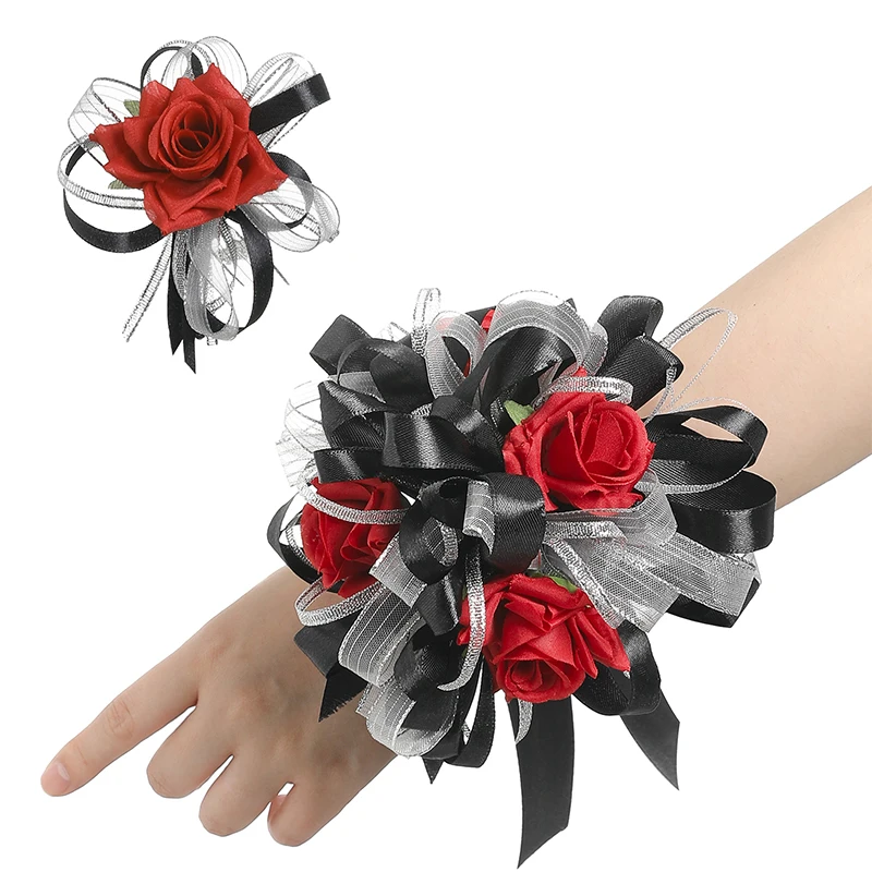 

2Pcs Wrist Corsage Wedding Bracelet for Bridesmaid Black-Red Silk Wrist Corsage Bridesmaid Sisters Hand Flowers Men Boutonniere