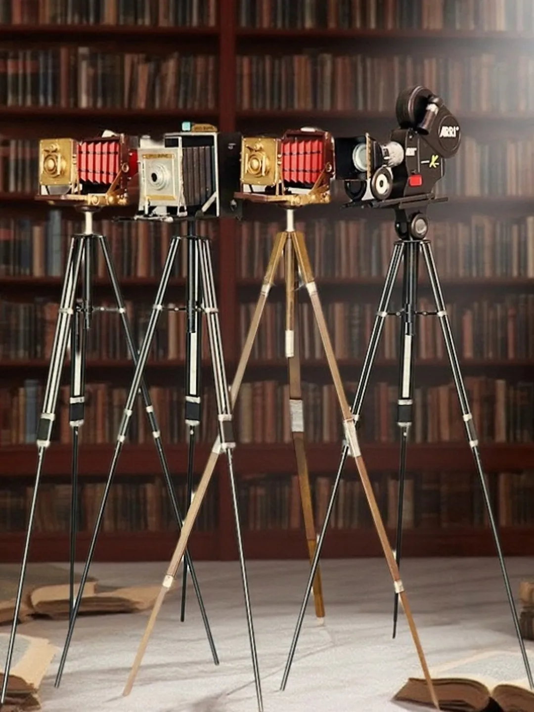 Vintage nostalgic large tripod film camera camera props