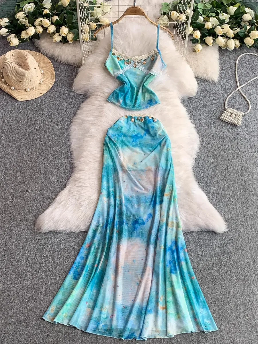 

Foamlina Vacation Tie Dye Mesh Halter Top и юбка-рыбий хвост с высокой талией, комплект из двух предметов с кружевной отделкой и кисточками для женщин
