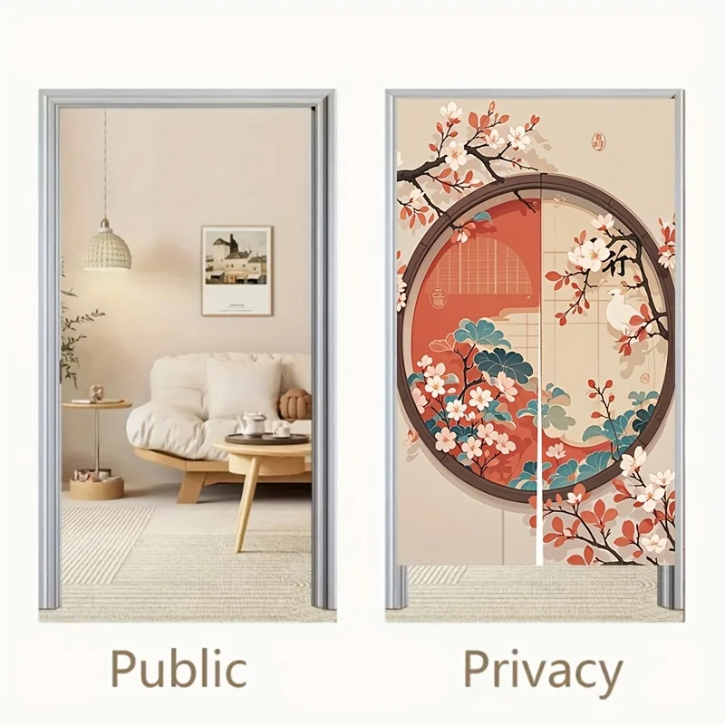 Vintage Japanese Style Peach Blossom Window Door Curtain - Indoor Art Partition Doorway Hanging Drape for Home Room Decor