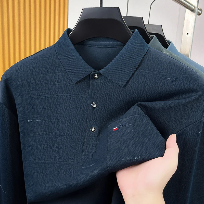 New Men's Fashion Design Lapel Polo Shirt Anti Wrinkle Warm Autumn Solid Color Long Sleeved T-Shirt Versatile Casual Men's Wear