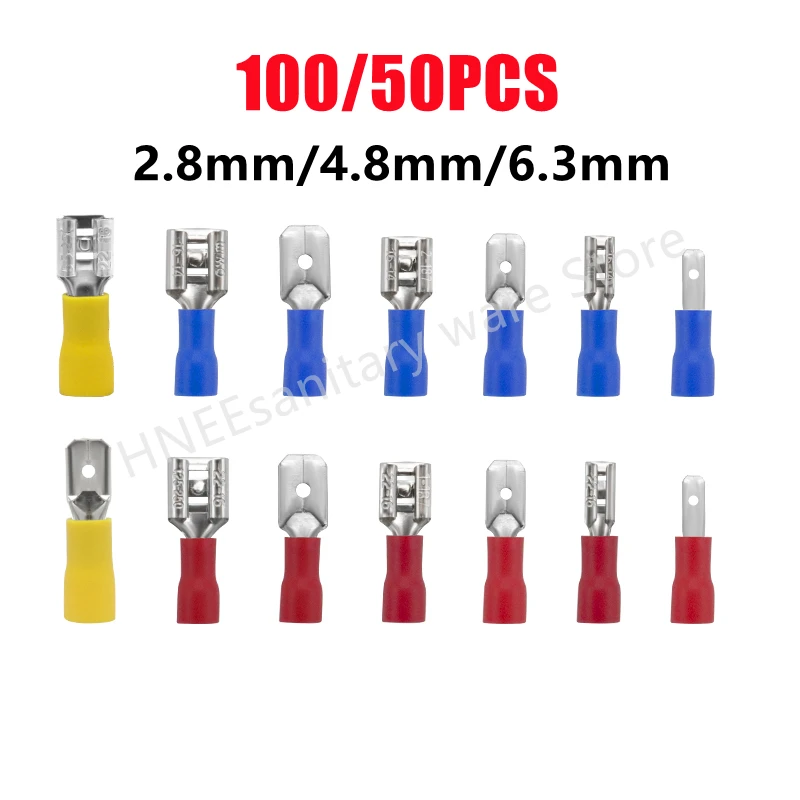 100/50 sztuk mężczyzna/kobieta terminale na zaciski 2.8mm 4.8mm 6.3mm, izolowany, Spade, drut, złącze do prasowania na zimno elektryczne kabel połączeniowy wtyczka