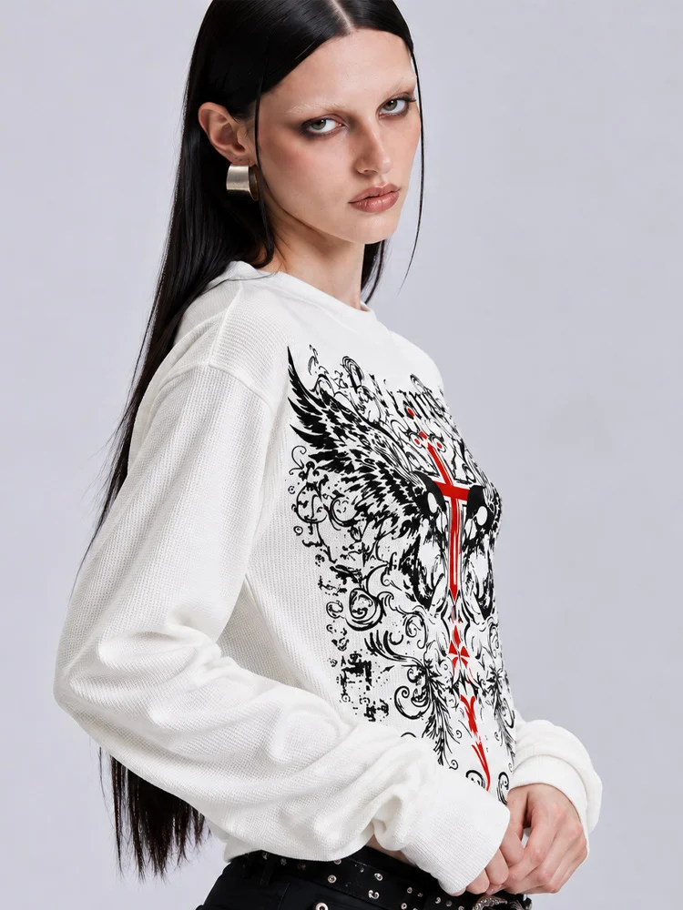 Gothic Grunge  Vintage Y2K  Waffle Knit Loose Fit Long Sleeve T-shirt Skull Cross Wing Graphic Print Crew Neck Casual Streetwear