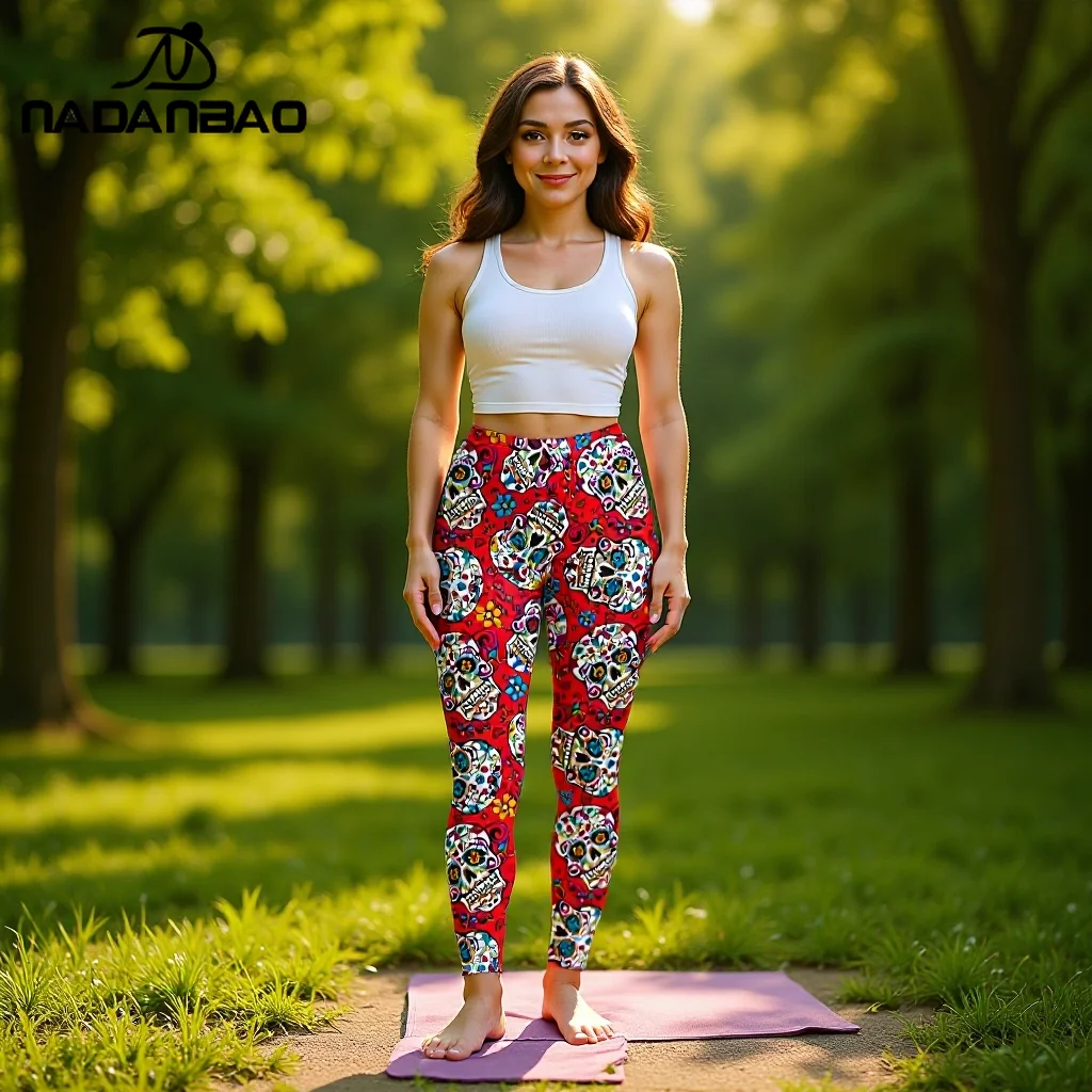 กางเกงเลกกิ้งพิมพ์ลายกะโหลกน้ำตาลหลากสีสำหรับผู้หญิง ฮาโลวีน วันแห่งความตาย แฟชั่นลำลอง กางเกงออกกำลังกายสำหรับผู้หญิง