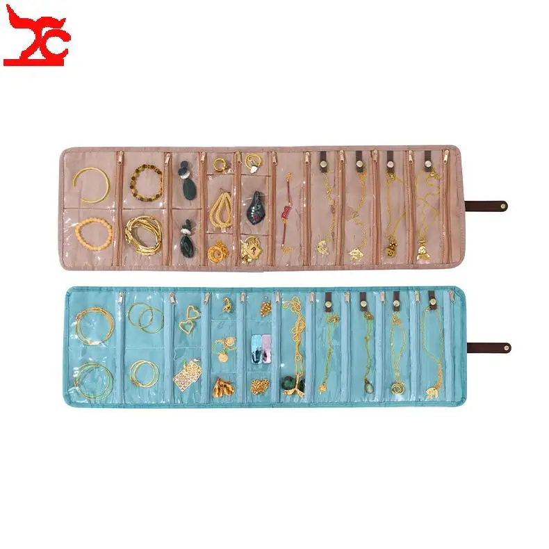 Multi-Pocket Rollable Jewelry Travel Bag Portable Velvet Roll Up Necklaces Earring Ring Bracelet Storage Organizer Pouch