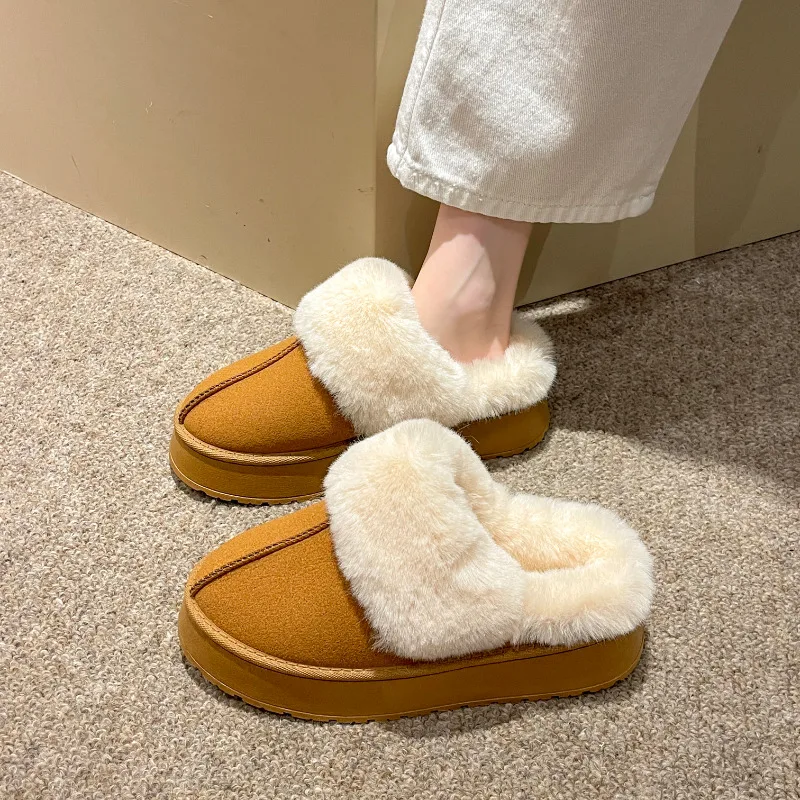 Winter Flauschige Frauen Baumwolle Hausschuhe Warme Kurze Plüsch Nicht-rutsch Gemütliche Weiche Fuzzy Schnee Stiefel Indoor Fleece Gefüttert Pelz plattform Schuhe