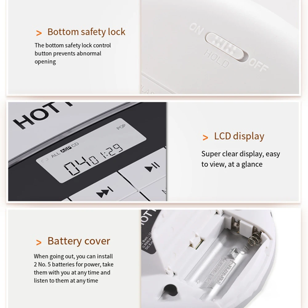 مشغل أقراص مضغوطة محمول مع شاشة LCD ، مشغل أقراص مدمج شخصي ، سماعات أذن ستيريو ، كابل شحن USB ، CD511