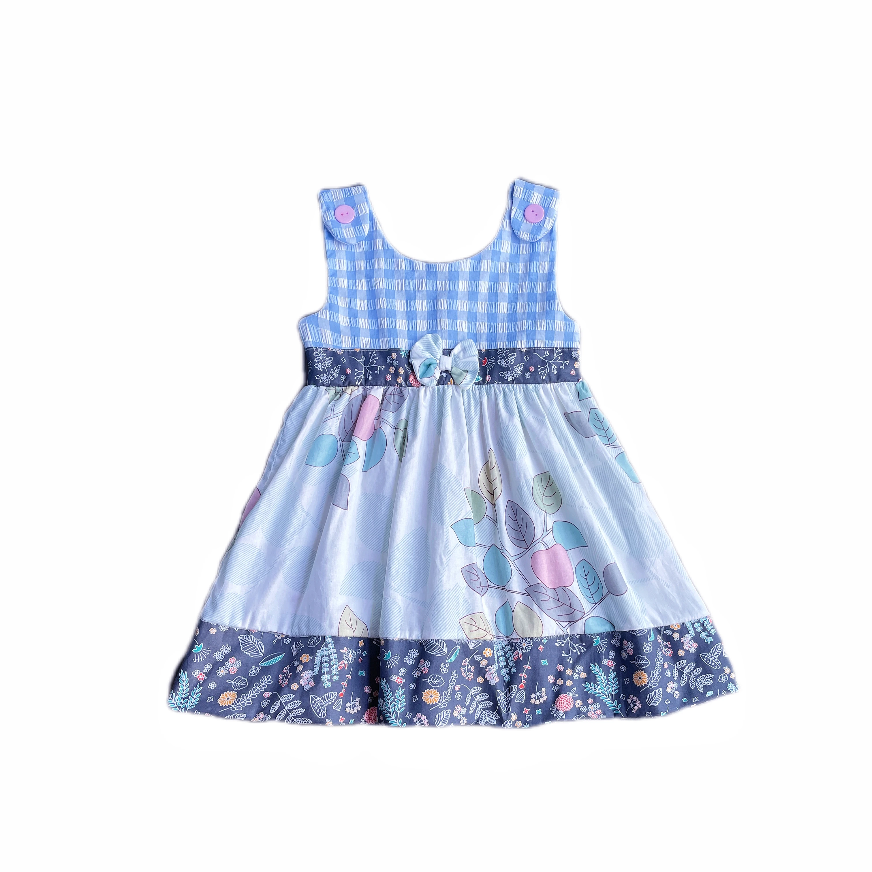 Baby Girls Kid Beautiful Pastoral Bow Birthday Party Dresses Children Elegant Princess Light Blue Plaid Dress