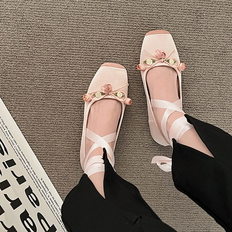 Luxury  Lace Tie Leg Satin Silk Ballet Flats Woman Square Toe Bowknot Elastic Band Ballerinas Ladies Wedding  Floral Shoes