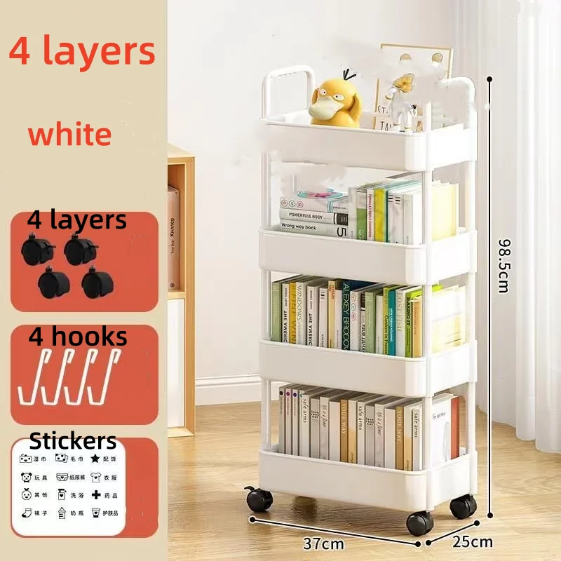 Kitchen storage rack with wheels, multi-level snack mobile rack, bathroom, baby bedroom, books