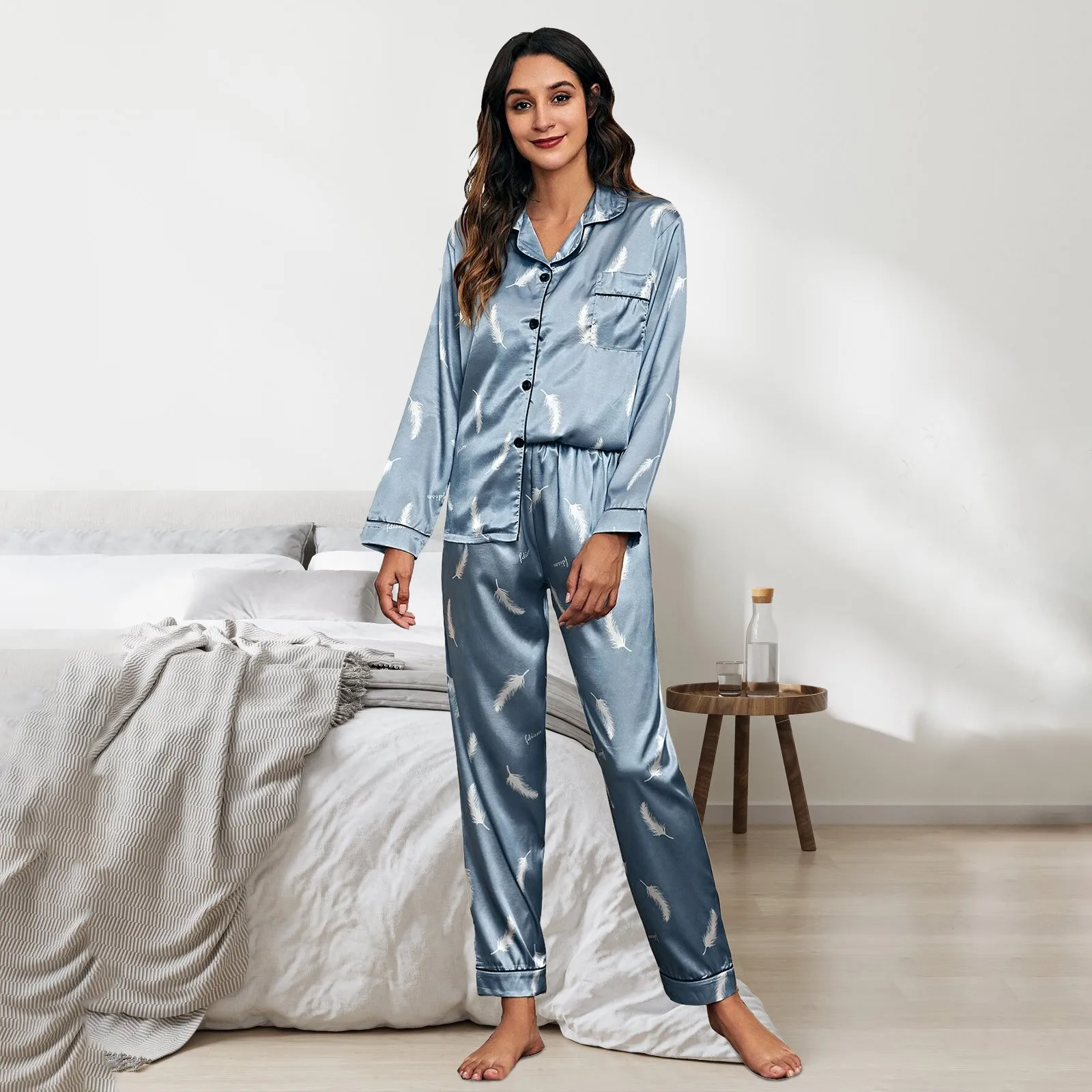 

Women Fashion Pajama Printing Sets Long Sleeve Button Down Sleepwear Nightwear Soft Sets V Neck Full Slip