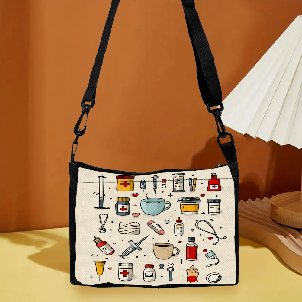 Cartoon Medical Tools Print Crossbody Bag Cream Color With Syringes Medicine Bottles And Heart Symbols Shoulder Bags For Women M
