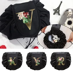 Golden Flower Letter Print Drawstring Travel Cosmetic Bag Women Makeup Bag Organizer Storage Pouch Toiletry Beauty Box Foldable