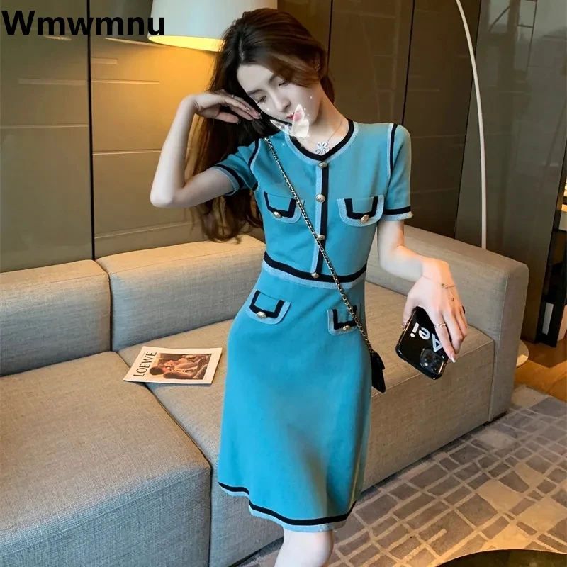 

Korean New Summer Knitted Dress Slim Women Vintage Vestidos O-neck Elegant Short Sleeve Kleid A-line Fashion Dresses