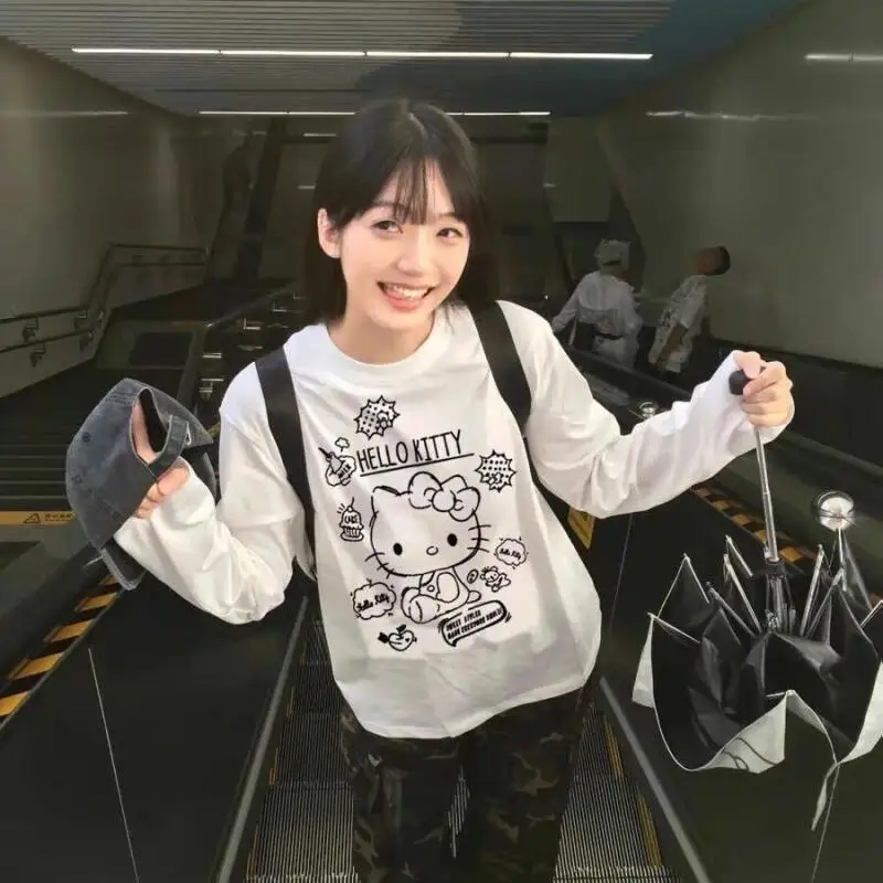 

Sanrios милая футболка с длинными рукавами для девочек «Hello Kitty», универсальная милая модная свободная повседневная удобная футболка с принтом, креативная, хит продаж