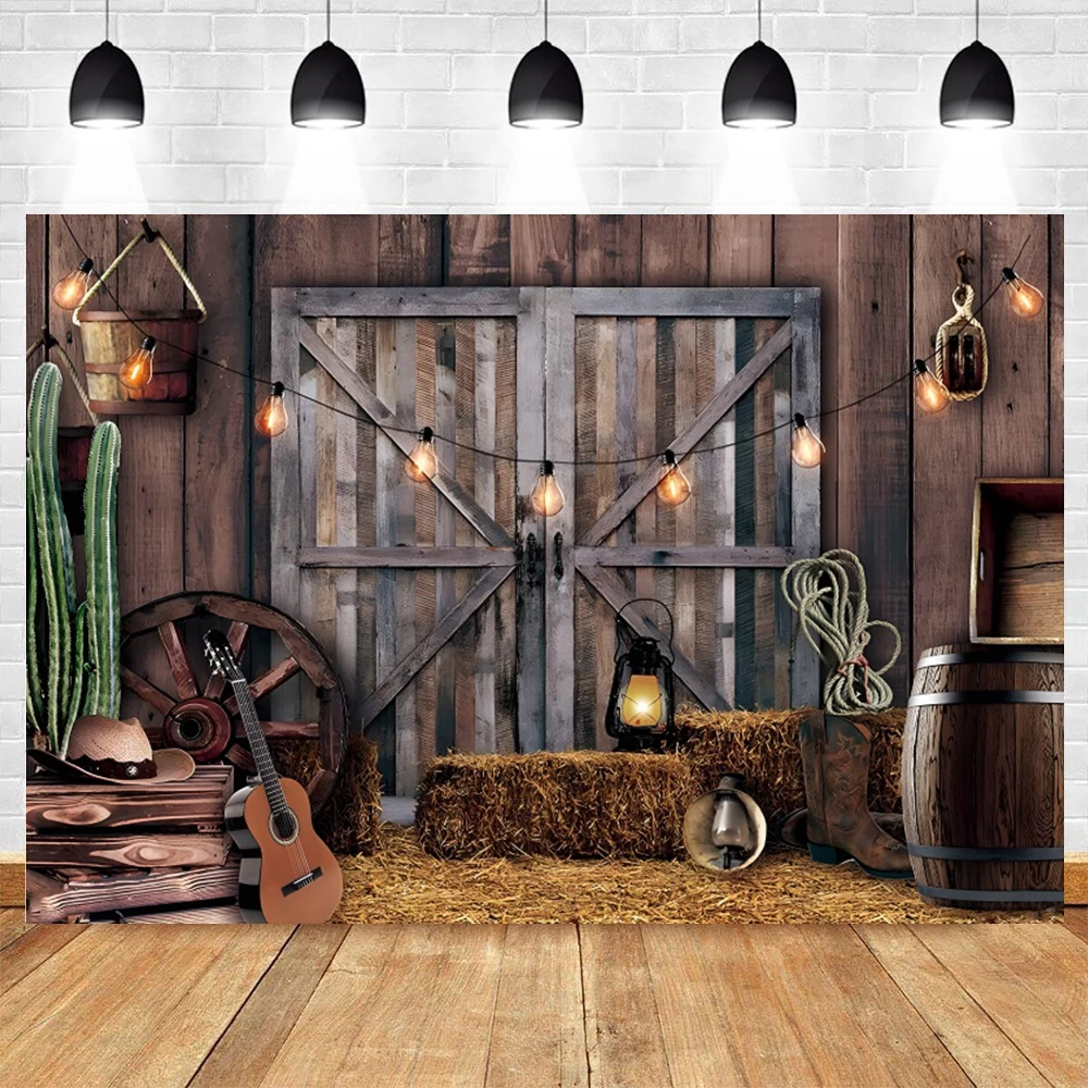 Western Cowboy Backdrop for Birthday Party Wild West Rustic Farm Barn Wooden House Kids Baby Portrait Photography Background