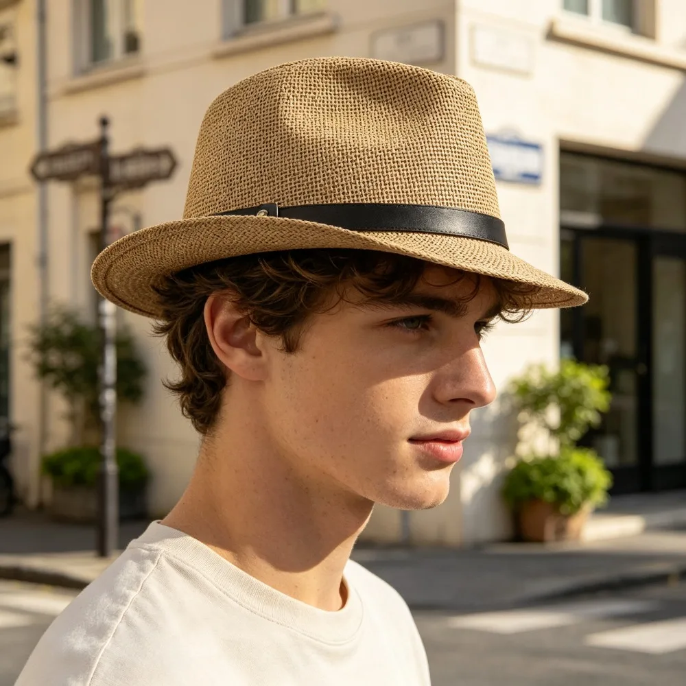 Men Hard Straw Fedora Hat Vintage British Panama Style Large Head Friendly Outdoor Sun Hat Practical Summer Gift