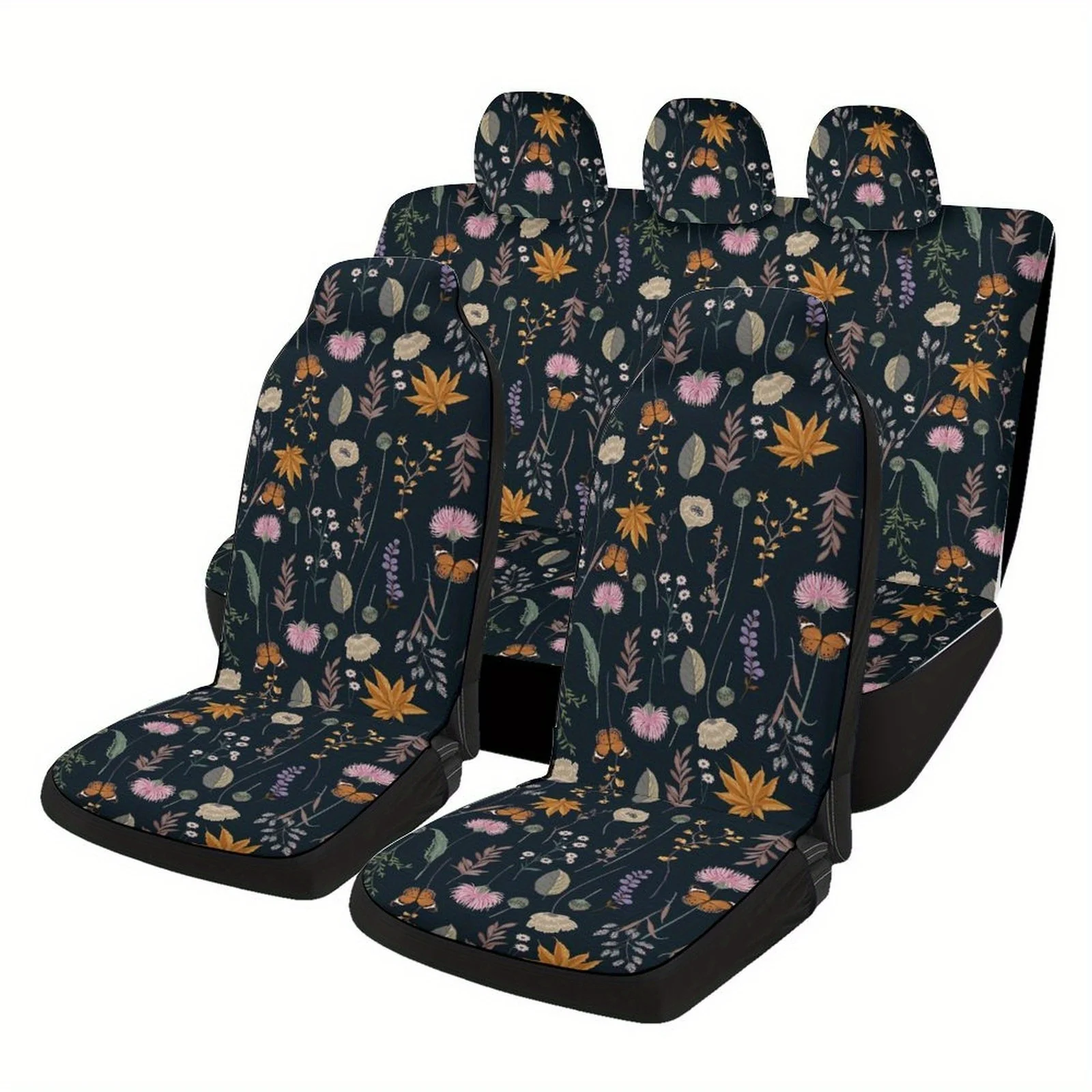 

7pcs Car Interior Covers, Breathable And Non-Slip, Suitable For Five- Cars, Featuring A Countryside Floral And Maple Leaf Design