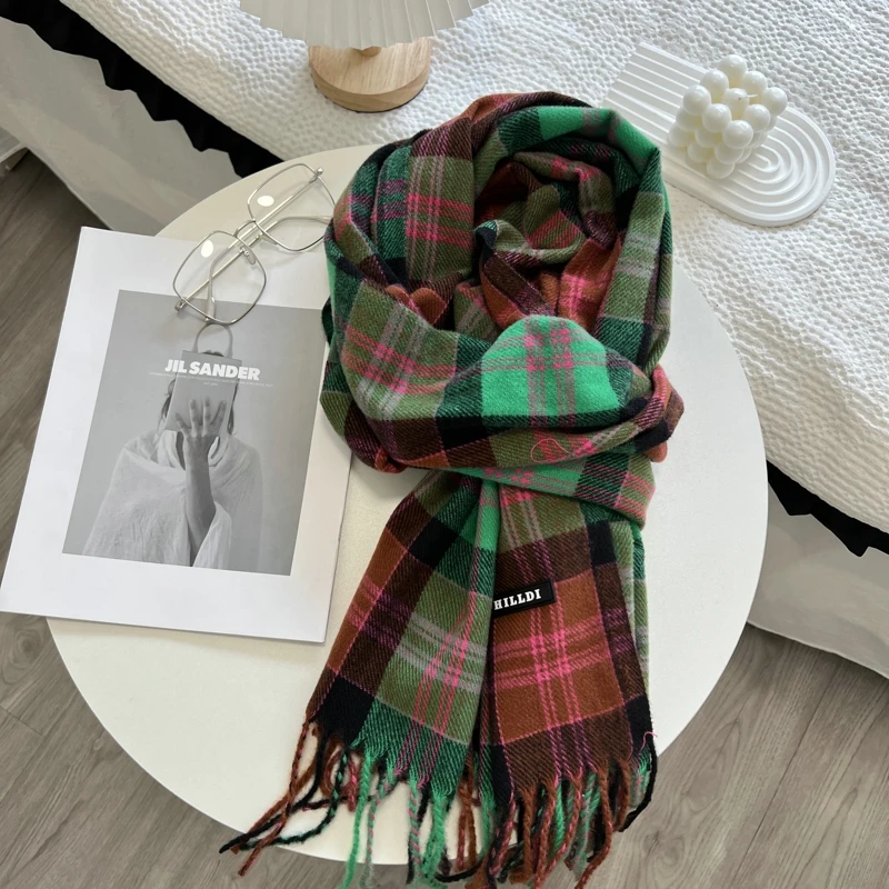 Bufanda de imitación de Cachemira a cuadros para mujer, chal de Invierno para mujer, bufandas cálidas con borlas, bufandas de punto, nuevo