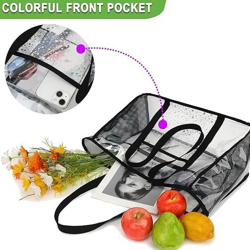 Sac à provisions en MSI de PVC transparent pour hommes et femmes, sac multifonctionnel, ultra grande capacité, fermeture éclair, lavage initié, étanche