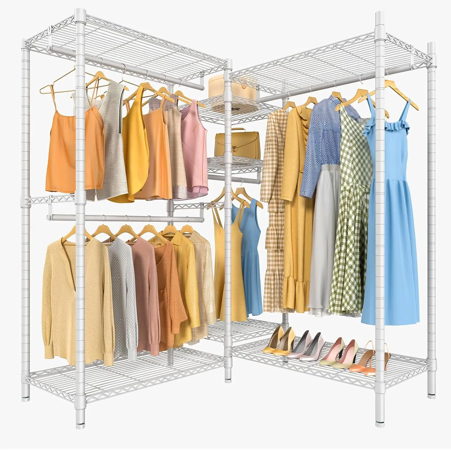 Heavy Duty L-Shape Clothing Rack 5-Tier Wire Organizer with 7 Shelves & 4 Hanging Rods, 42.1