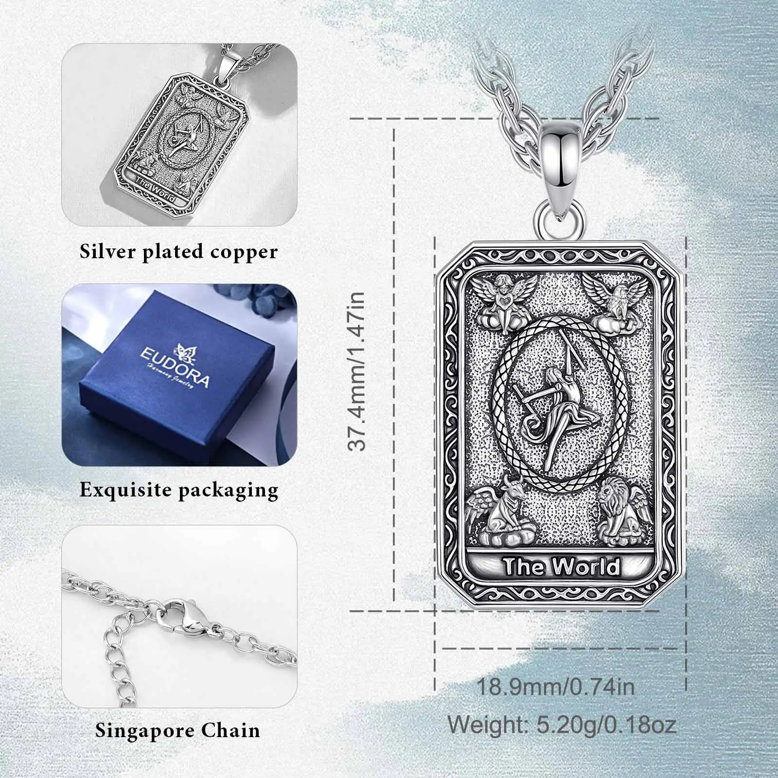 Eudora Copper Tarot Cards Necklace The World Amulet Vintage Major Arcana Divination Pendant Spiritual Jewelry Gift for Women Men