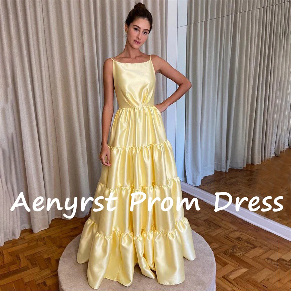 Aenyrst Simple Yellow Spaghetti Strap Prom Dresses A Line Satin Draped Backless Holiday Gowns Floor Length Birthday Party Dress