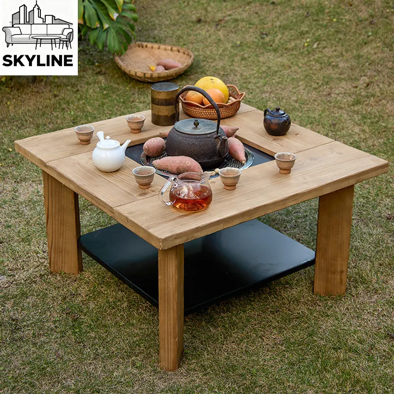 Solid wood outdoor stove tea tea table square heating table fire roasting multi-purpose coffee table
