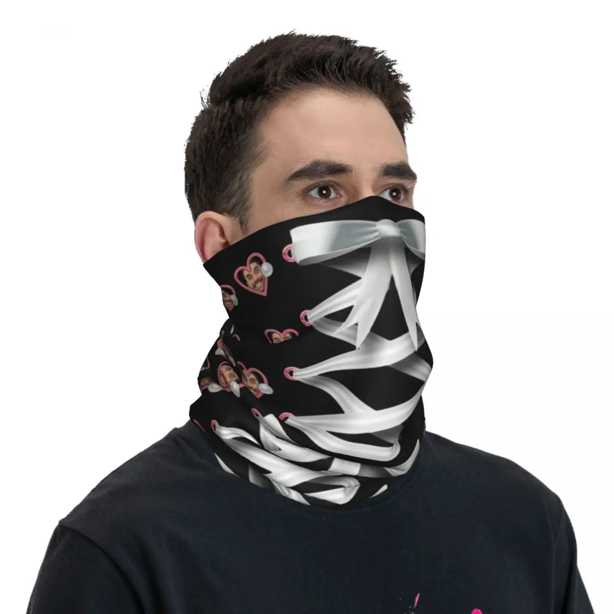 맞춤형 흰색 리본 사랑 얼굴 사진 반다나 겨울 넥 워머 남성용 방풍 랩 페이스 스카프 하이킹 가이터 헤드밴드