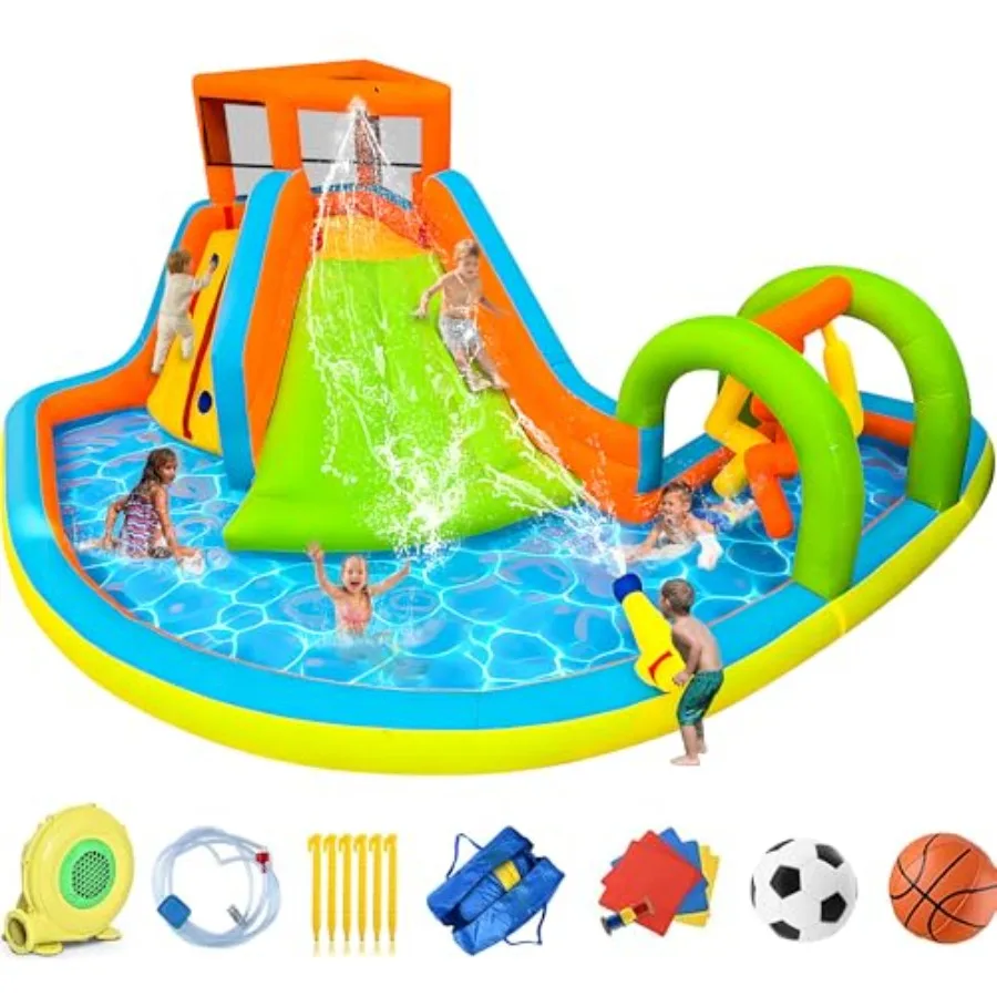 

Inflatable Water Slide for backyard use, PVC material, blue and yellow, 6-in-1 design with climbing wall, splash pool, water ca