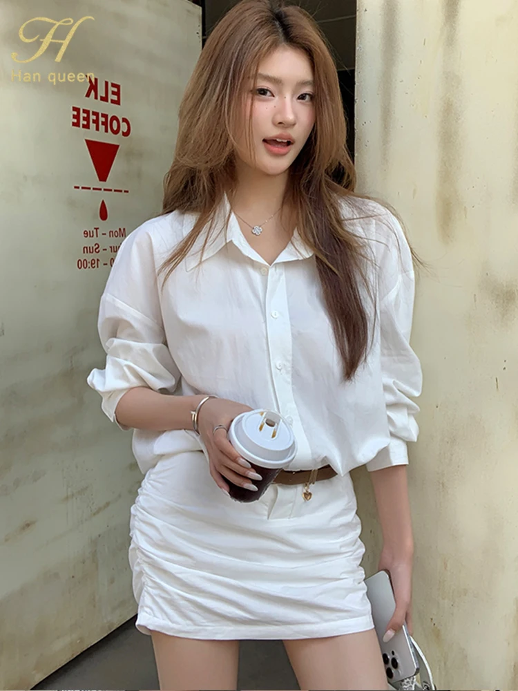 

H Han Queen New Elegant Fashion 2 Piece Short Dress Women Korean Party Office Casual Vestido Simple Series Shirt & Skirt Dresses